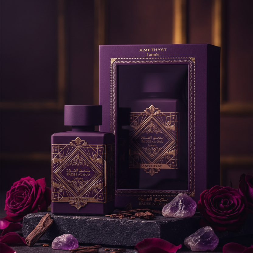 Lattafa Bade'e Al Oud Amethyst Eau de Parfum unisexe 100 ml, rose, oud et vanille