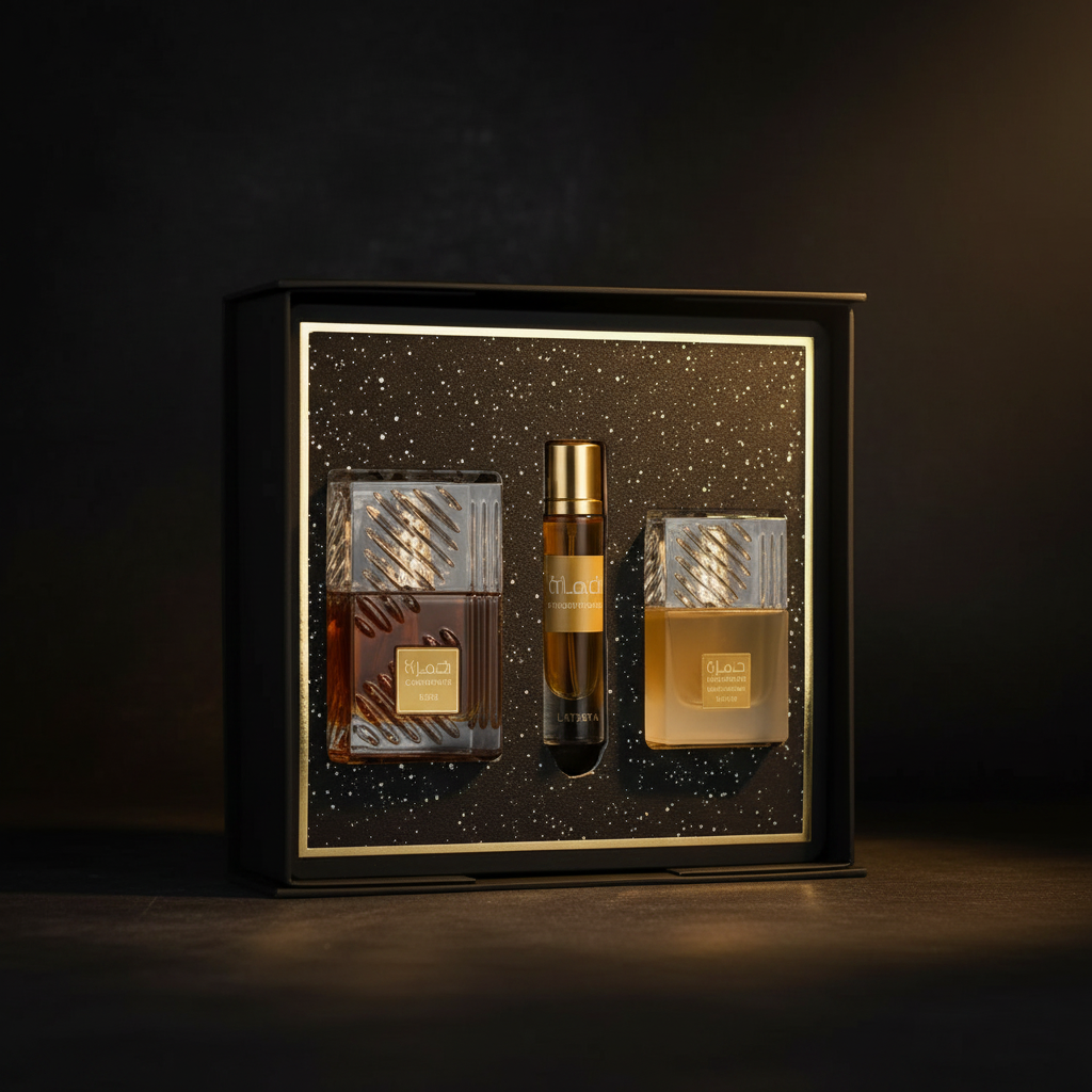 Coffret Khamrah Lattafa avec Eau de Parfum 100 ml, huile 12 ml et déodorant 50 ml