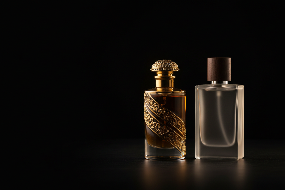Flacons de parfum Lattafa et Maison Alhambra présentés côte à côte