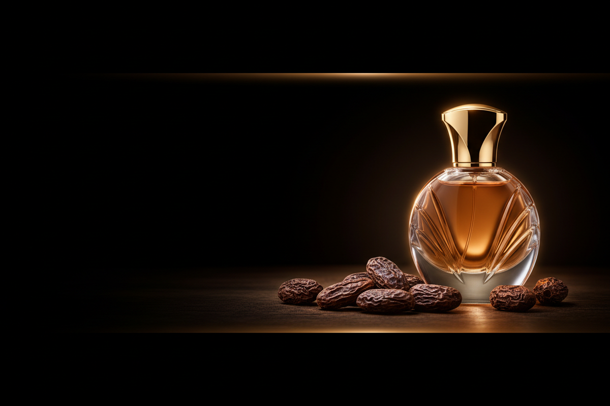 Fèves tonka et flacon de parfum sur fond sombre