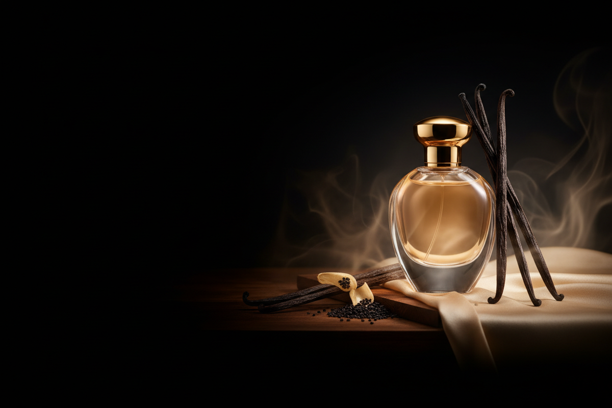 Gousses de vanille et flacon de parfum sur fond sombre