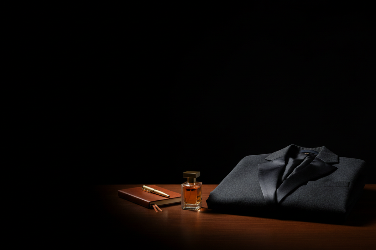 Flacon de parfum discret préparé avant un entretien d’embauche