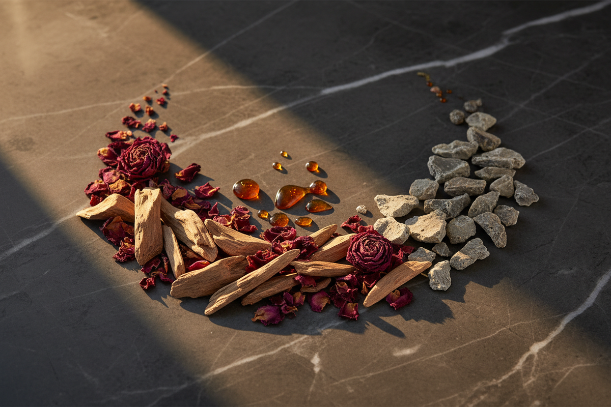 Oud, rose de Damas et accord évoquant l’ambre gris