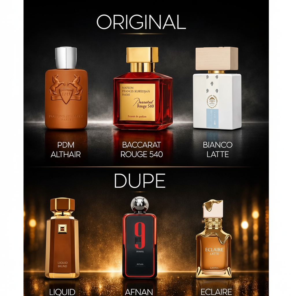 Comparaison d’alternatives orientales à Althair, Baccarat Rouge 540 et Bianco Latte