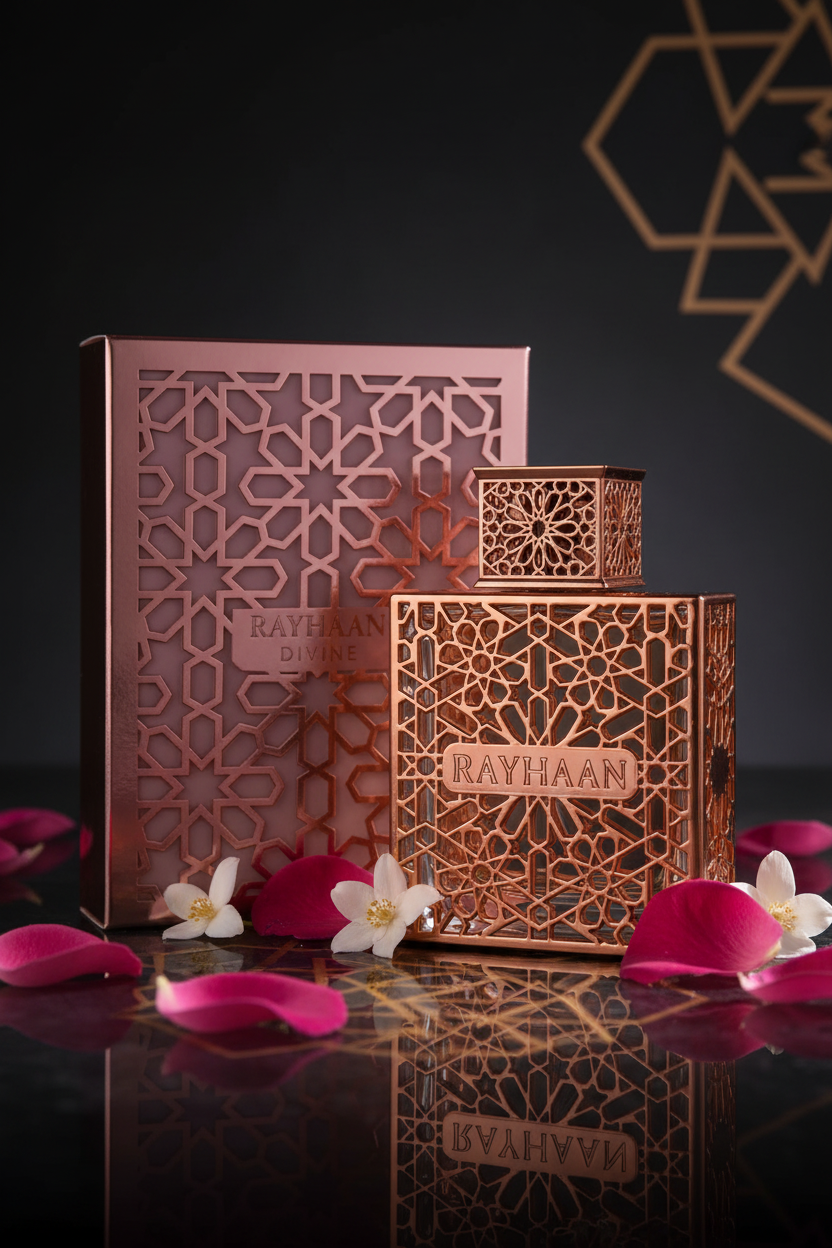 Parfum arabe femme Rayhaan Divine 100ml – Eau de Parfum floral oriental rose gold Dubai longue tenue