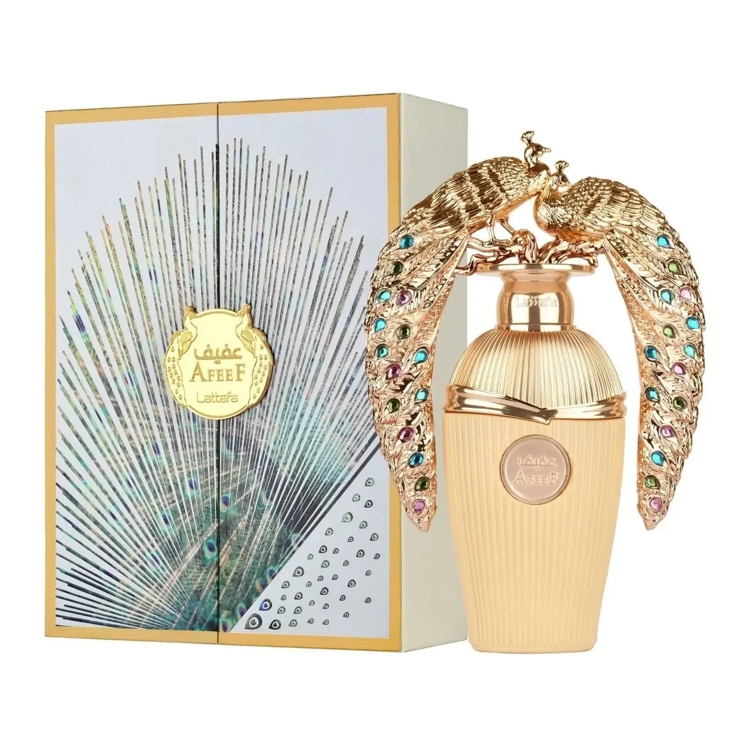 Parfum dubai oriental luxe Lattafa Afeef EDP 100ml – parfum arabe flacon paon doré pierres précieuses