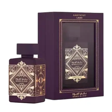 Parfum dubai oud rose femme Lattafa Badee Al Oud Amethyst EDP 100ml – parfum arabe améthyste prune et or"