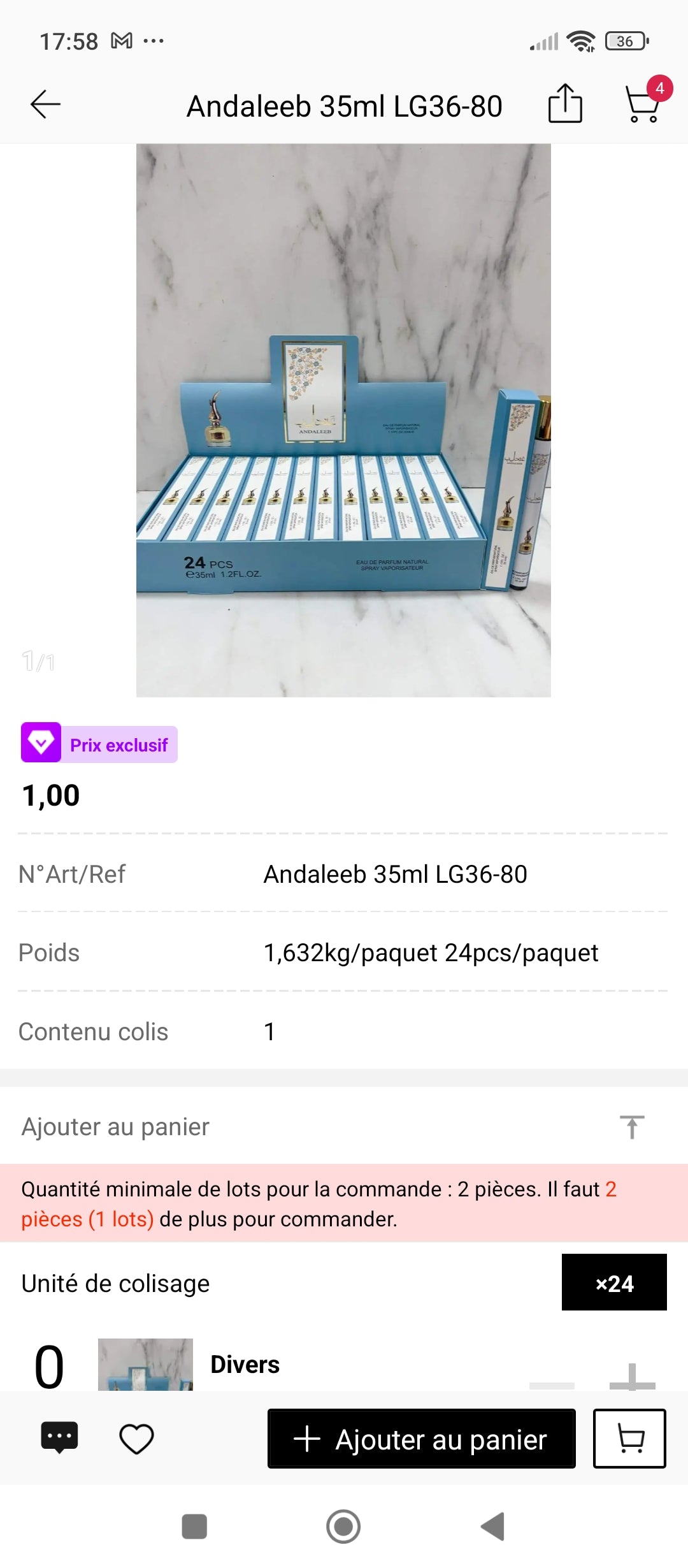 Andaleeb Lattafa 35ml – présentation boîte complète 24 pièces