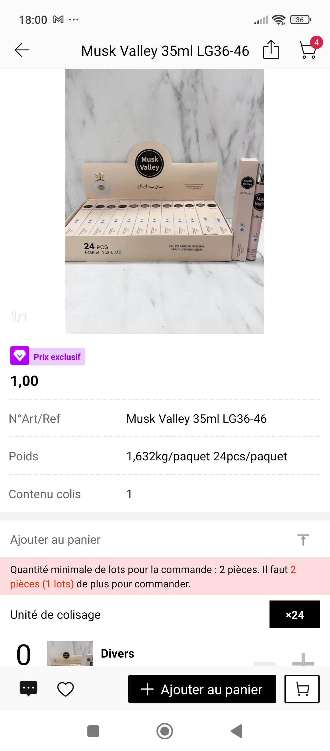 Musk Valley Lattafa 35ml – présentation boîte complète 24 pièces