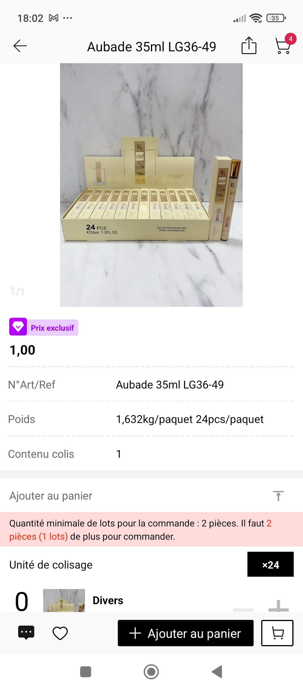Aubade Lattafa 35ml – présentation boîte complète 24 pièces