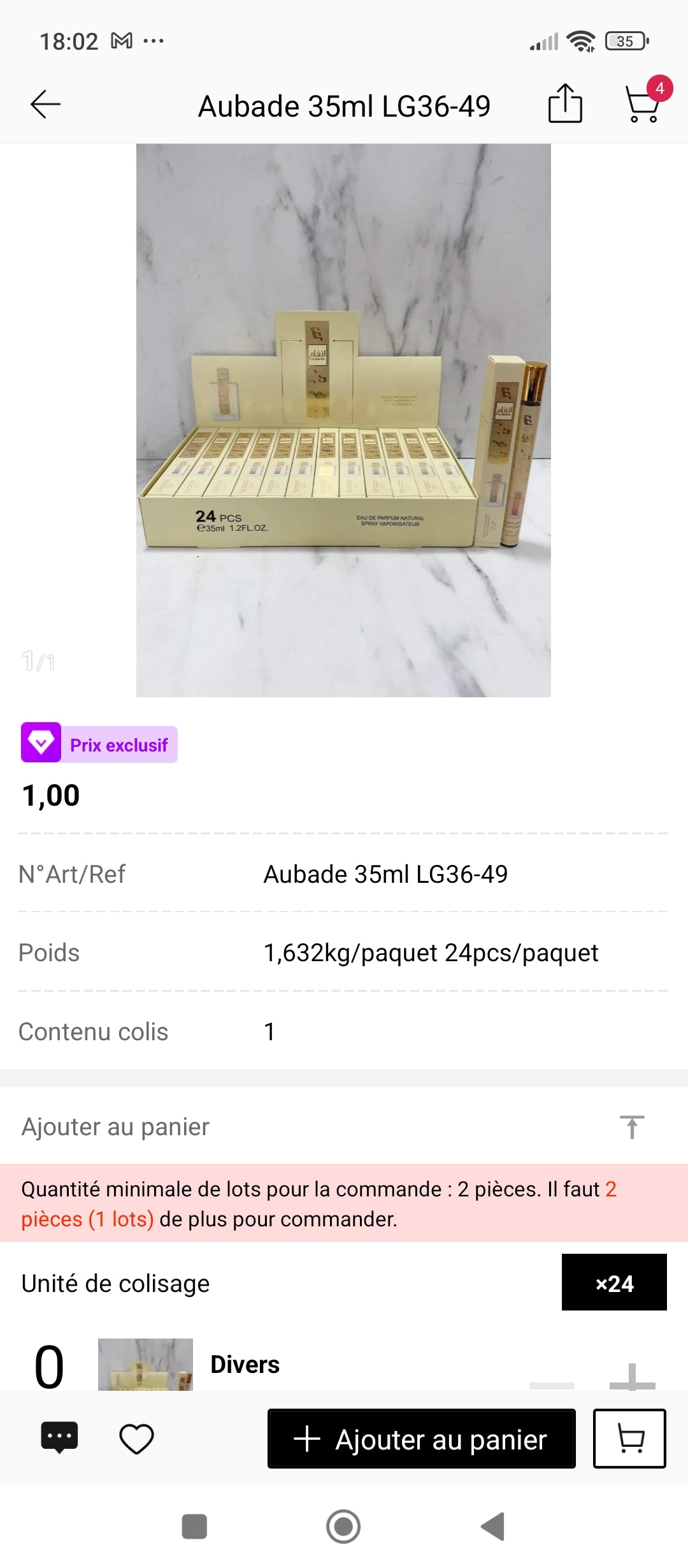 Aubade Lattafa 35ml – présentation boîte complète 24 pièces