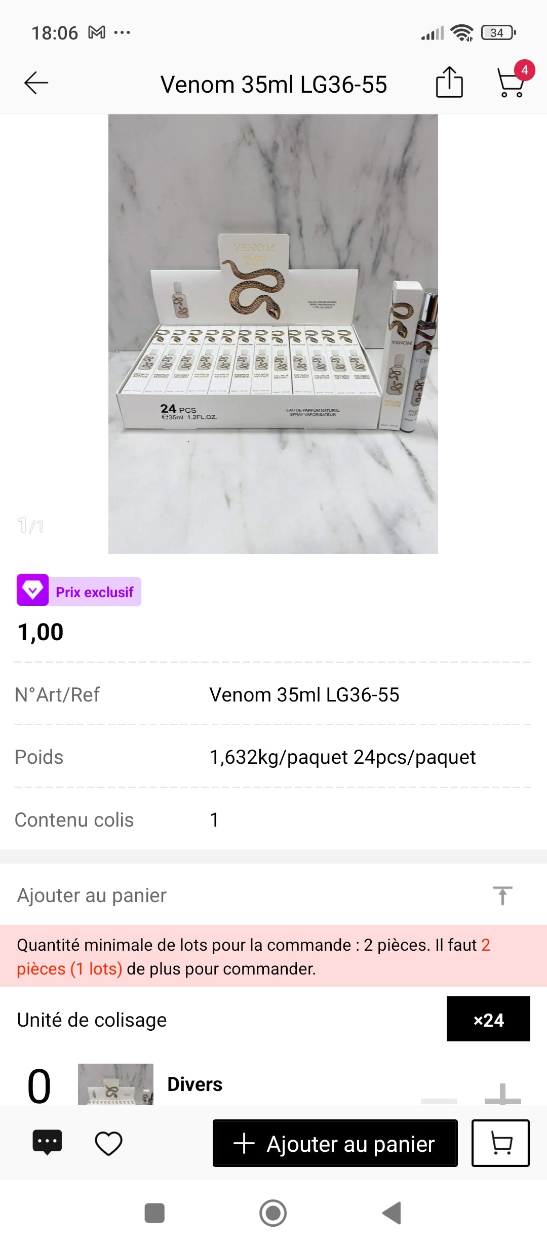 Venom Lattafa 35ml – présentation boîte complète 24 pièces