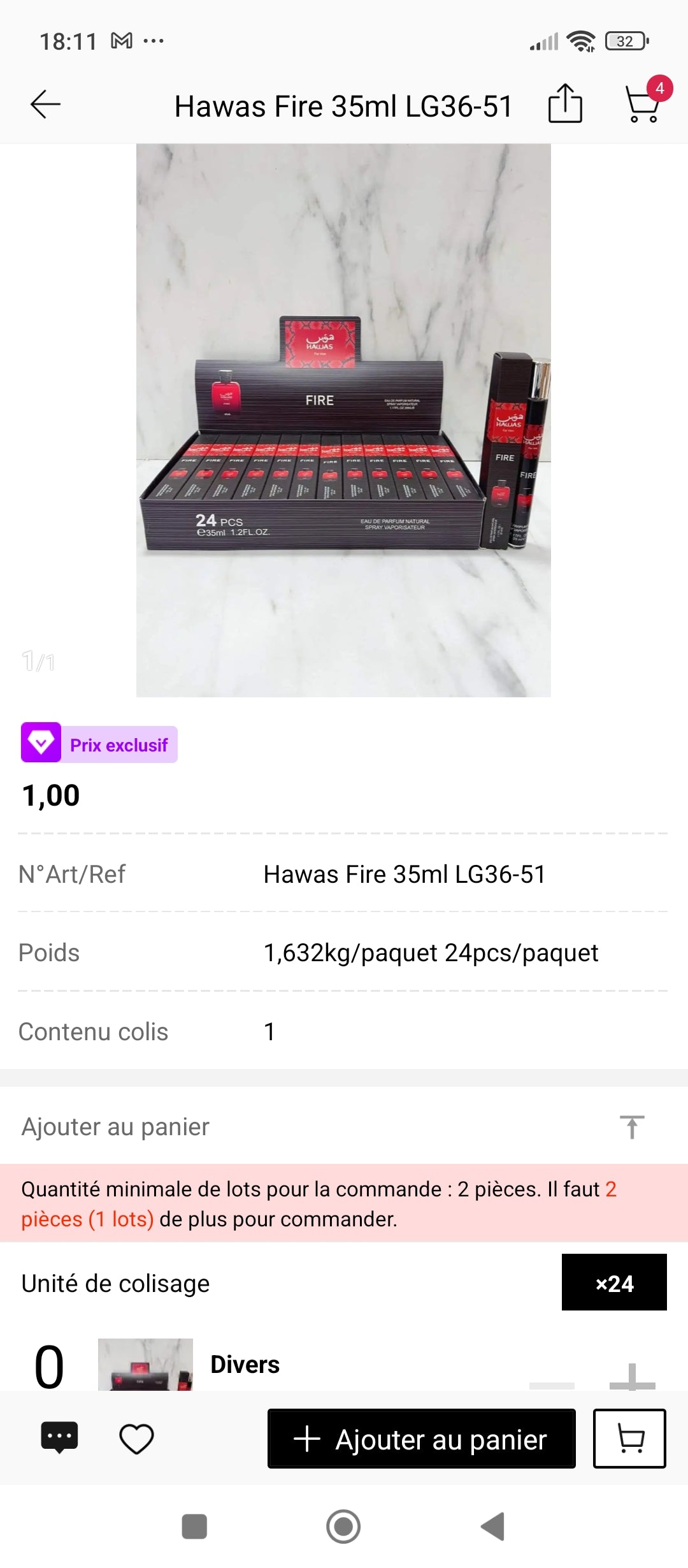 Hawas Fire Rasasi 35ml – présentation boîte complète 24 pièces
