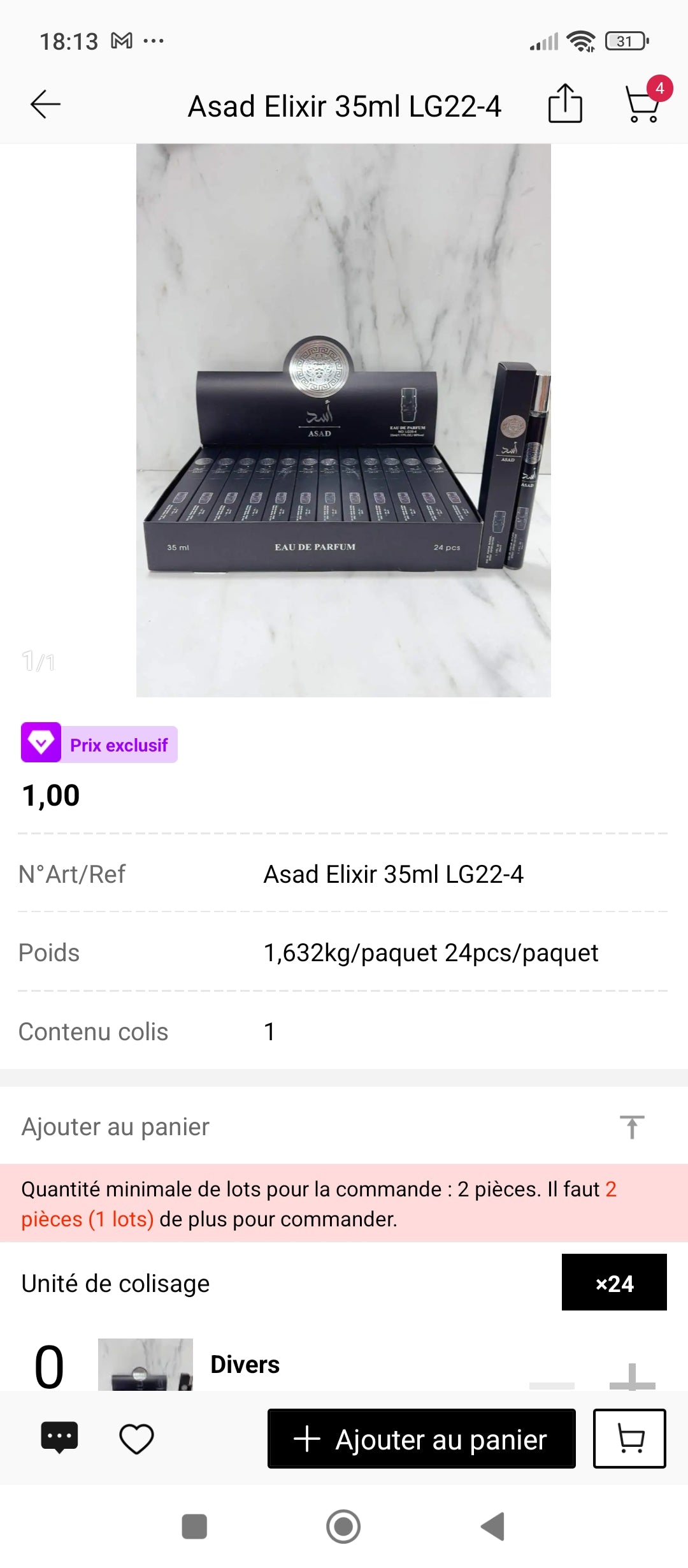 Asad Elixir Lattafa 35ml – présentation boîte complète 24 pièces