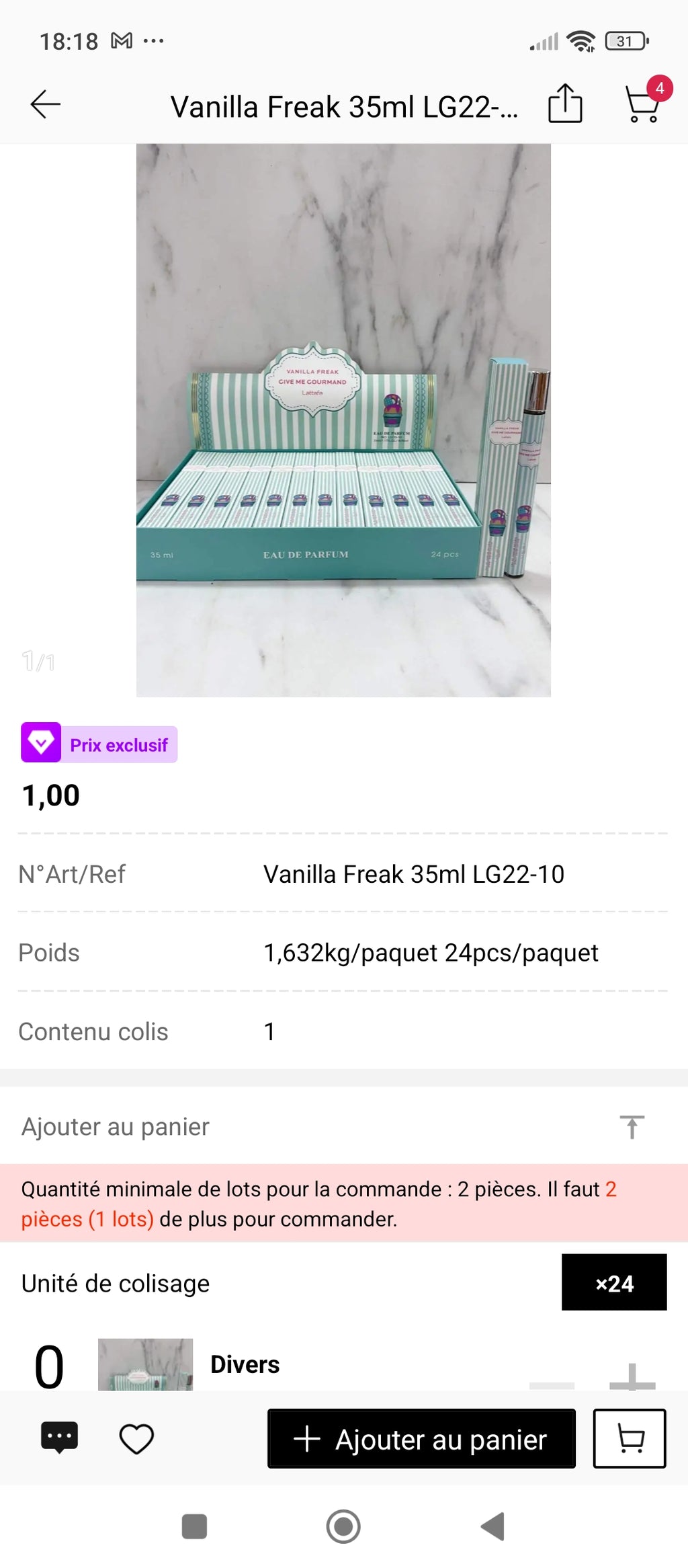 Vanilla Freak Lattafa 35ml – présentation boîte complète 24 pièces