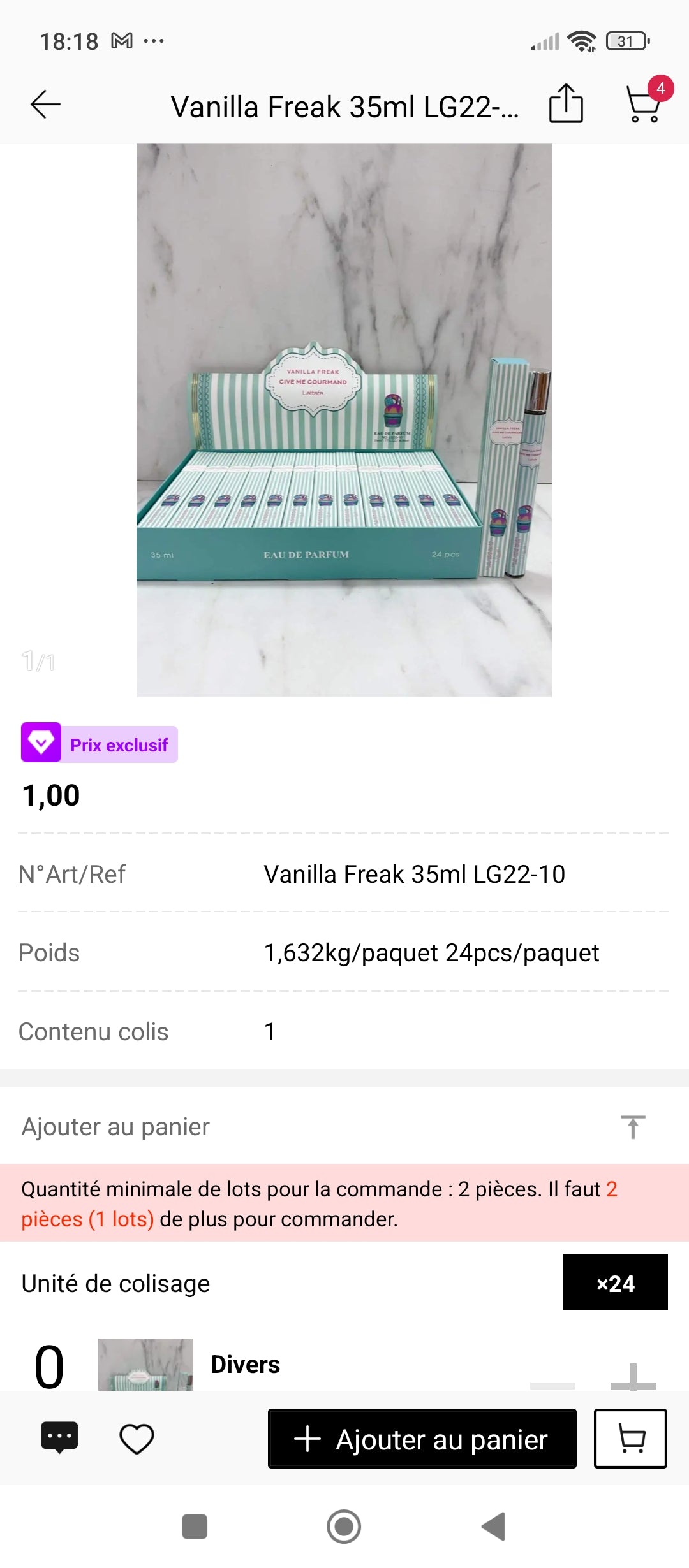 Vanilla Freak Lattafa 35ml – présentation boîte complète 24 pièces