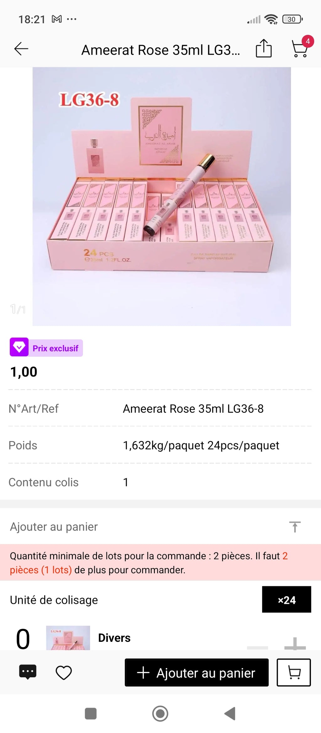 Ameerat Rose Lattafa 35ml – présentation boîte complète 24 pièces