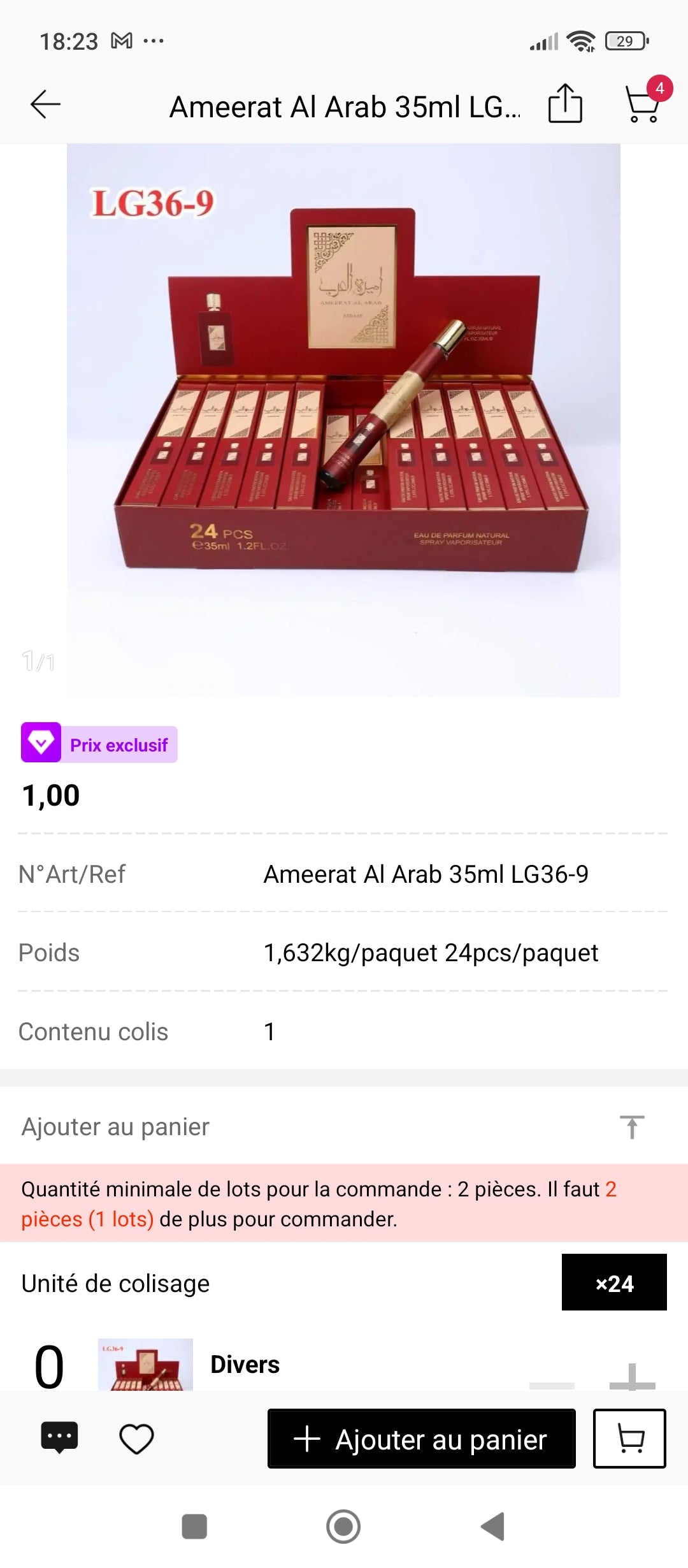 Ameerat Al Arab Lattafa 35ml – présentation boîte complète 24 pièces