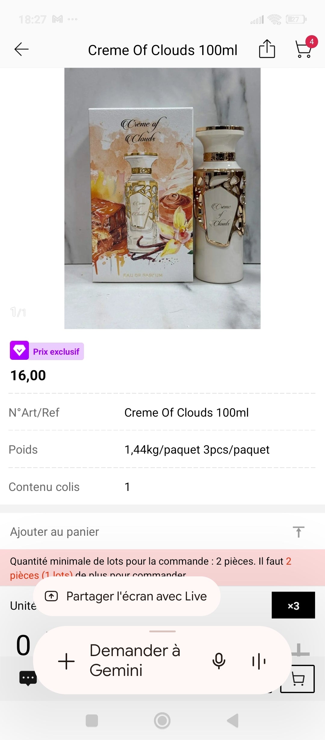 Crème of Clouds Lattafa 100ml – flacon et boîte