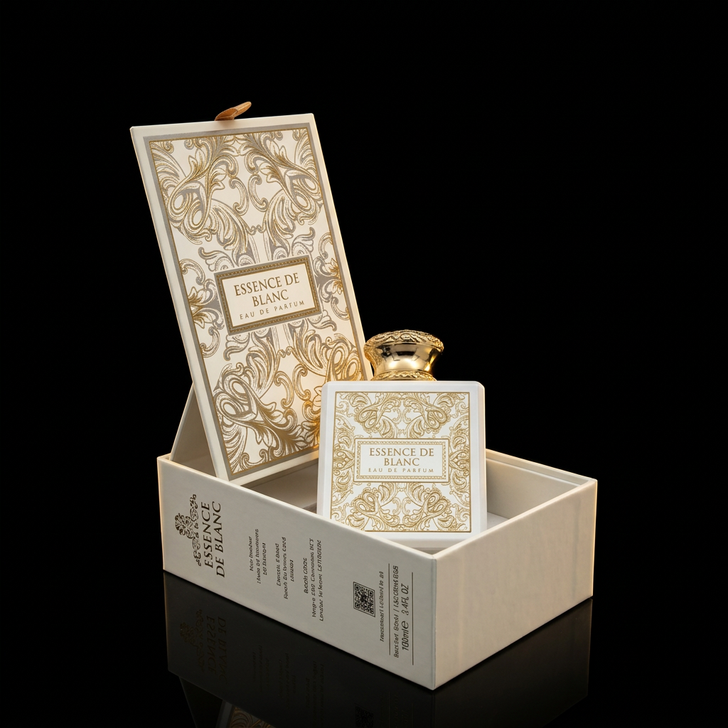 Essence de Blanc avec coffret sur fond noir cinématographique