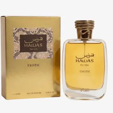 Rasasi Hawas Exotic for Him EDP 100ml – flacon ambre doré transparent bouchon bronze reptile coffret or brillant python calligraphie arabe