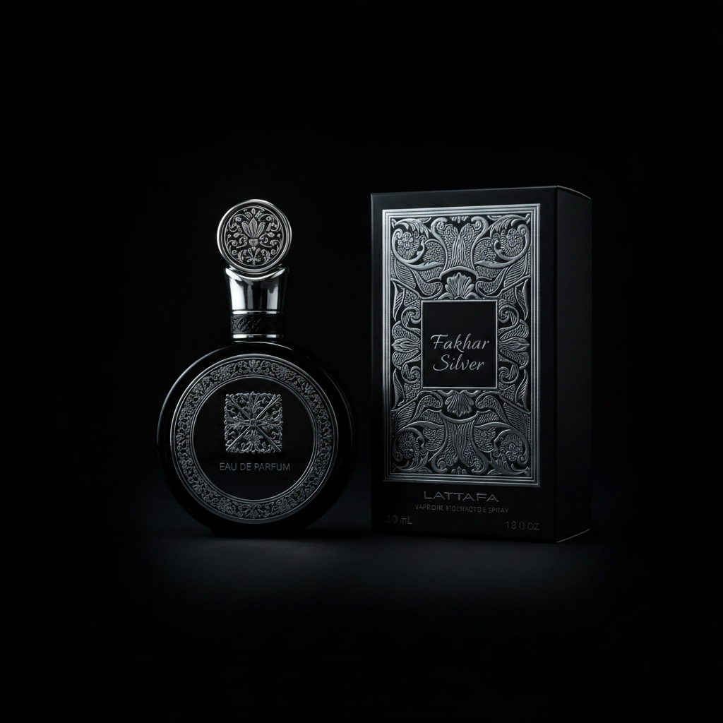 Fakhar Silver Lattafa Eau de Parfum 30ml flacon noir bouchon argenté motifs floraux