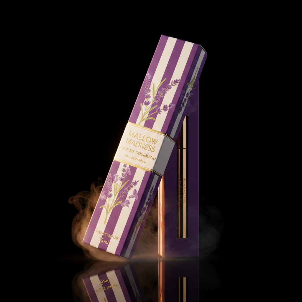 Mallow Madness Give Me Gourmand Lattafa Eau de Parfum 35ml flacon stylo rayures mauves