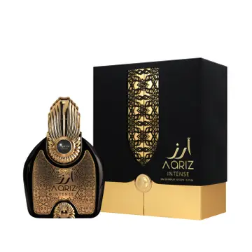 Arabiyat Prestige Aariz Intense EDP 100ml – flacon noir laqué dentelle arabesques dorées filigrane bouchon feuille palmier doré coffret noir ajouré