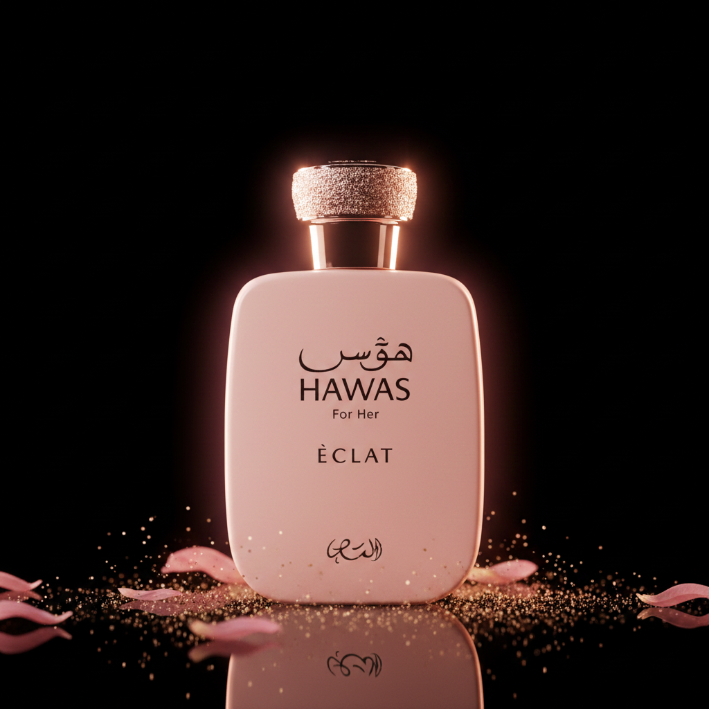 Rasasi Hawas Éclat for Her EDP 100ml – fond noir cinématographique studio luxe rose poudré champagne floral oriental féminin délicat lumineux