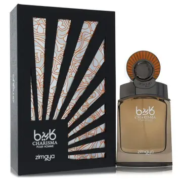 Zimaya Charisma Pour Homme Eau de Parfum 100ml – flacon ambre brun coffret rayures géométriques noir blanc
