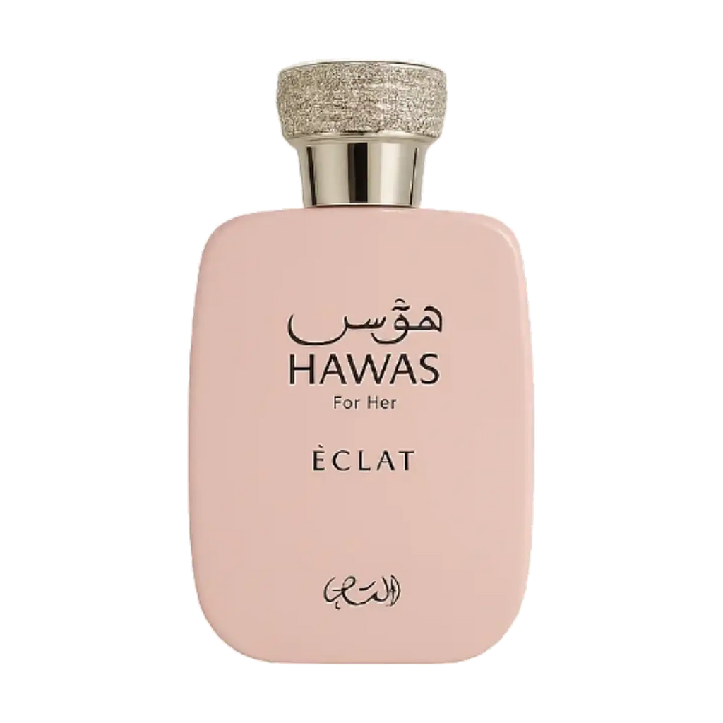 Rasasi Hawas Éclat for Her EDP 100ml – flacon rectangle arrondi rose poudré mat bouchon champagne guilloché texturé calligraphie arabe