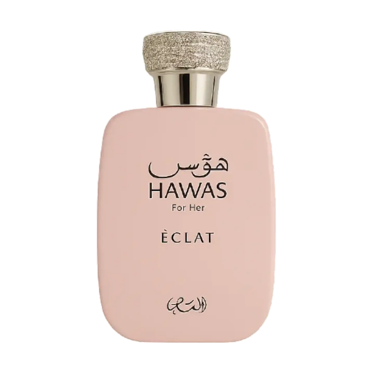 Rasasi Hawas Éclat for Her EDP 100ml – flacon rectangle arrondi rose poudré mat bouchon champagne guilloché texturé calligraphie arabe