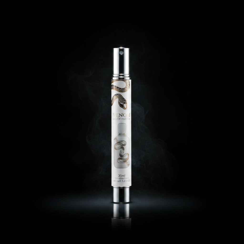 Venom Lattafa Eau de Parfum 35ml flacon stylo blanc et argent illustration serpent
