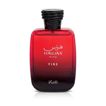 Rasasi Hawas Fire EDP 100ml pour Homme – flacon rouge cardinal dégradé noir intense bouchon noir guilloché texturé