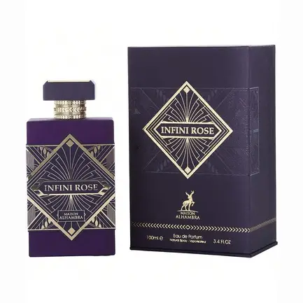 Maison Alhambra Infini Rose EDP 100ml – flacon violet profond motifs Art Déco argentés bouchon carré violet coffret violet
