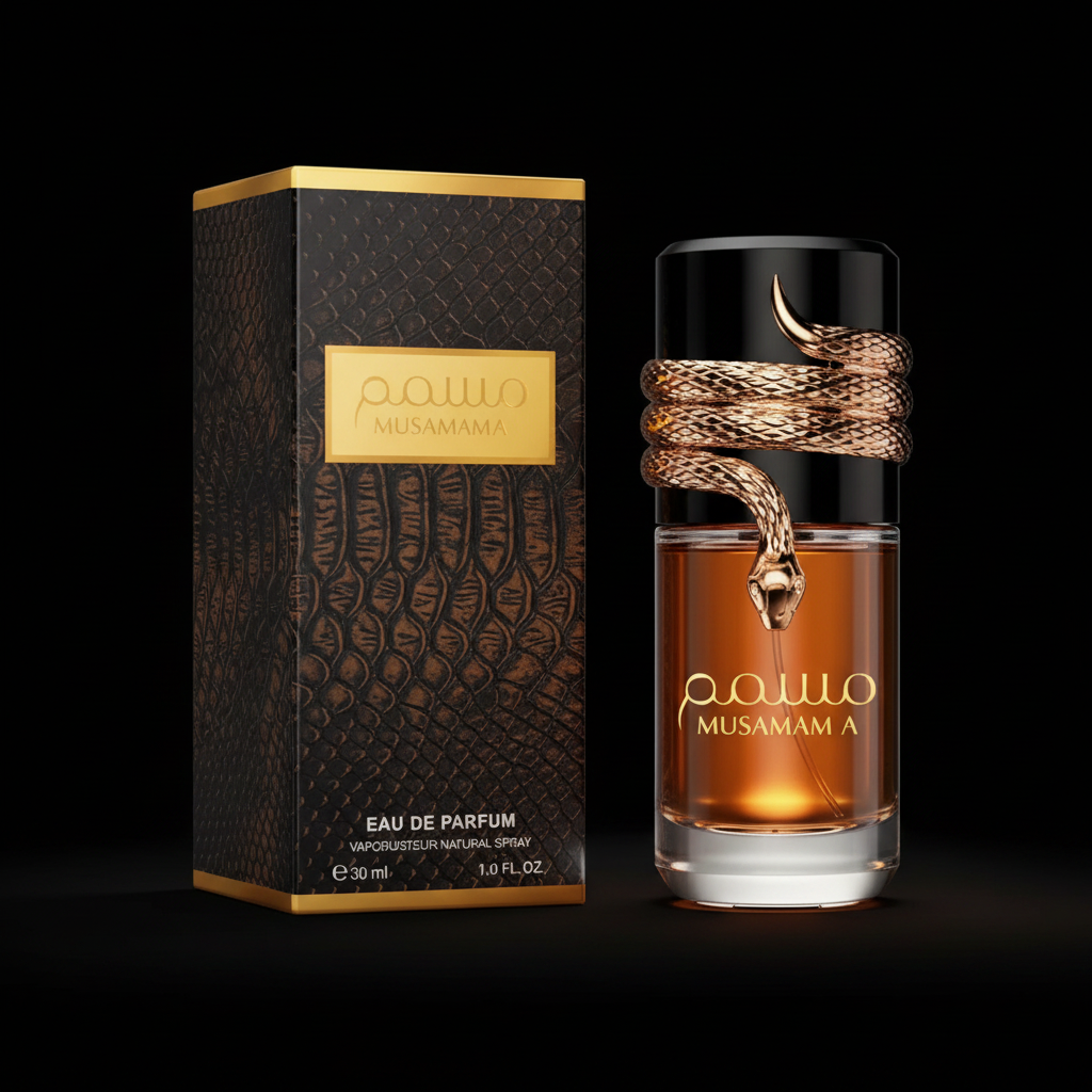 Musamam Black Eau de Parfum 30ml flacon verre ambré bouchon noir serpent doré