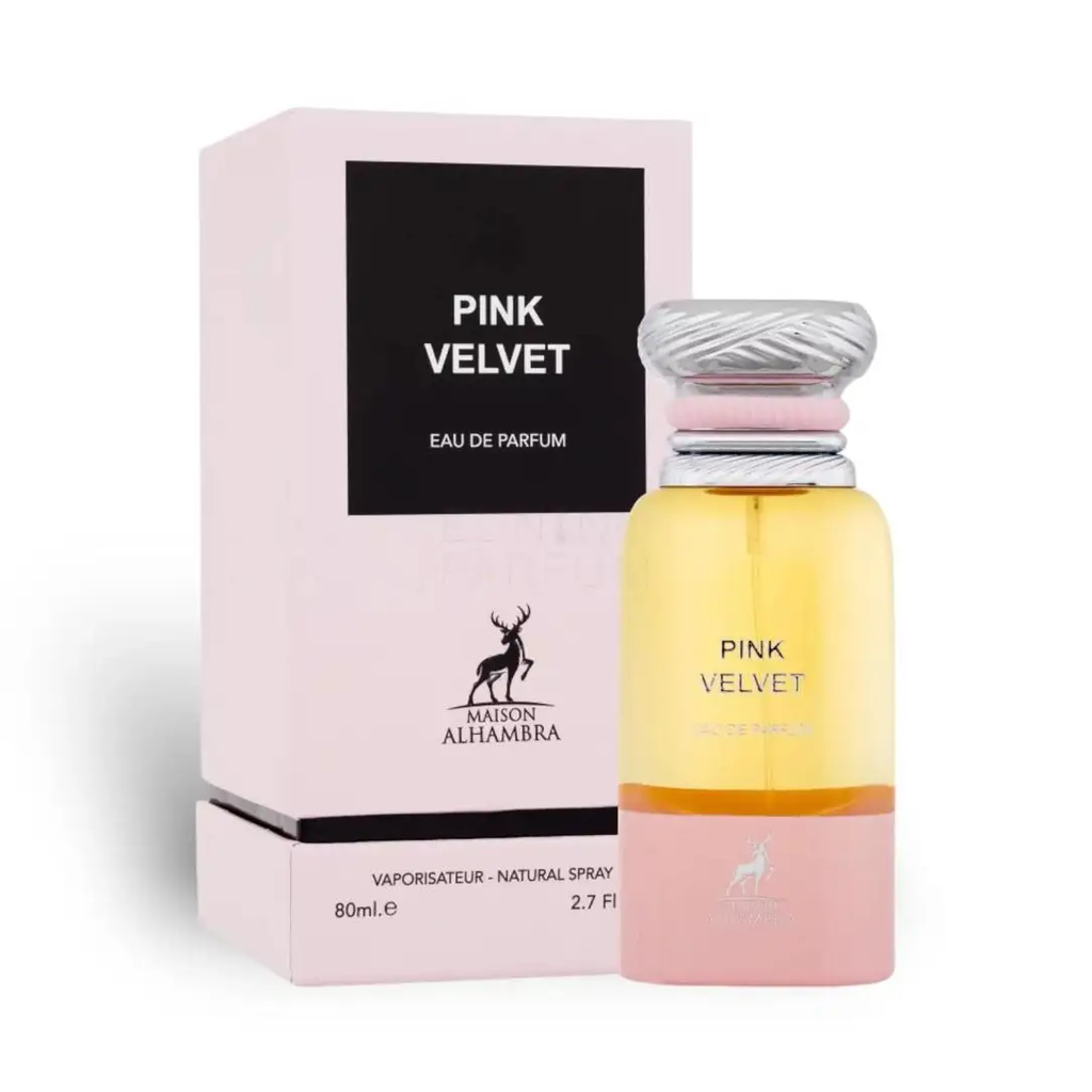 Maison Alhambra Pink Velvet EDP 80ml – flacon rose jus jaune paille base rose bouchon argenté torsadé coffret rose noir