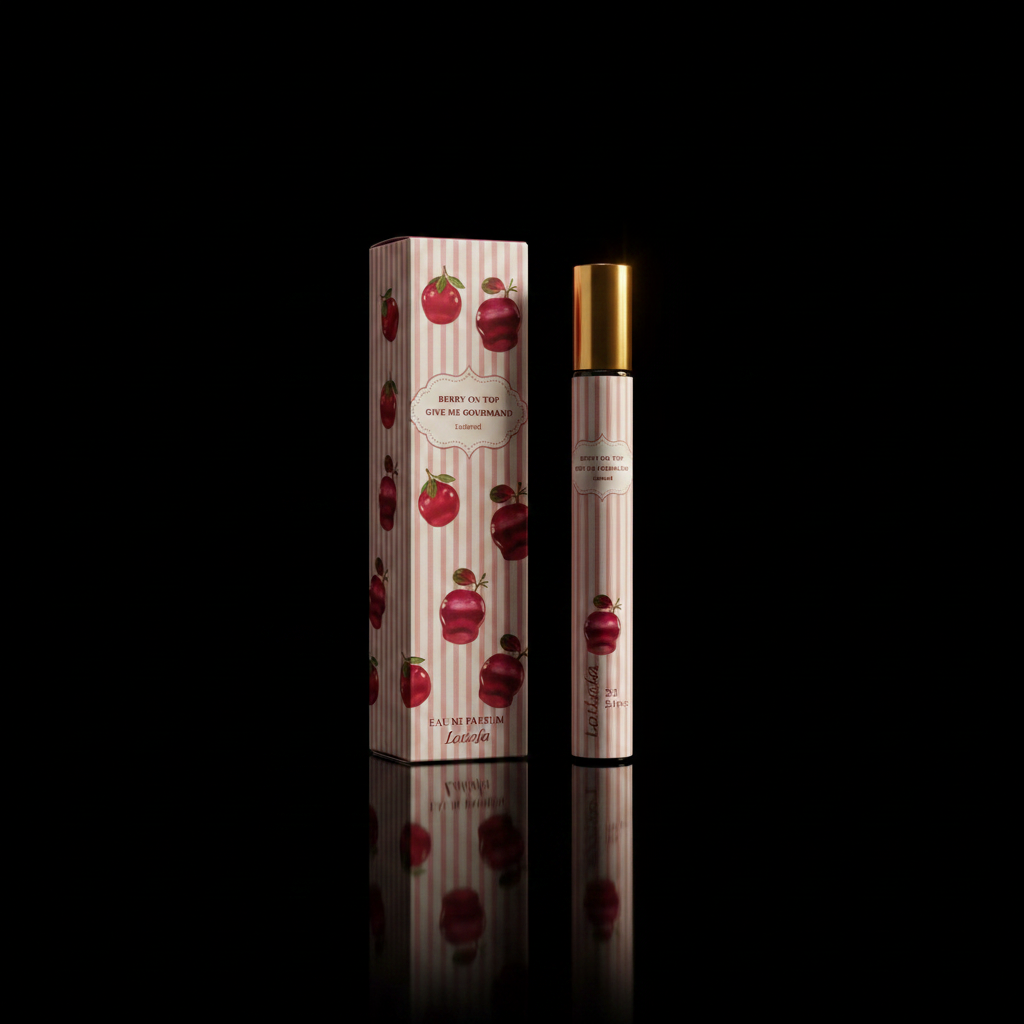Berry On Top Give Me Gourmand Lattafa Eau de Parfum 35ml flacon stylo rayures roses