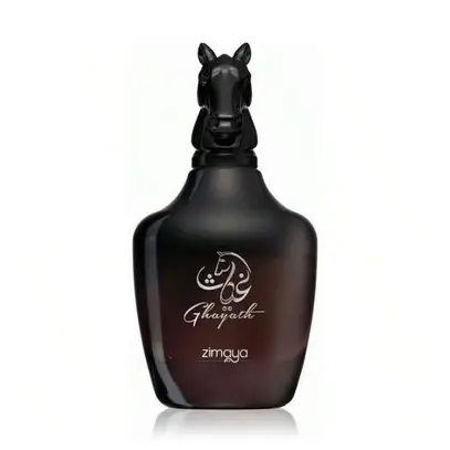 Zimaya Ghayath Eau de Parfum Unisexe 100ml – flacon brun-noir tête de cheval arabe calligraphie argentée