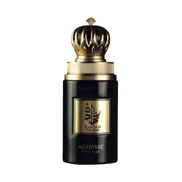 Arabiyat Prestige Hamdan The Hero EDP 75ml – flacon cylindrique noir laqué bouchon couronne royale dorée étiquette calligraphie arabe