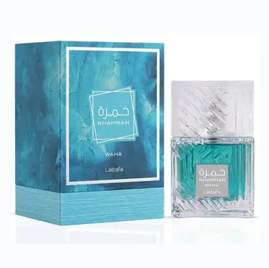 Lattafa Khamrah Waha Eau de Parfum 100ml – flacon turquoise et boîte