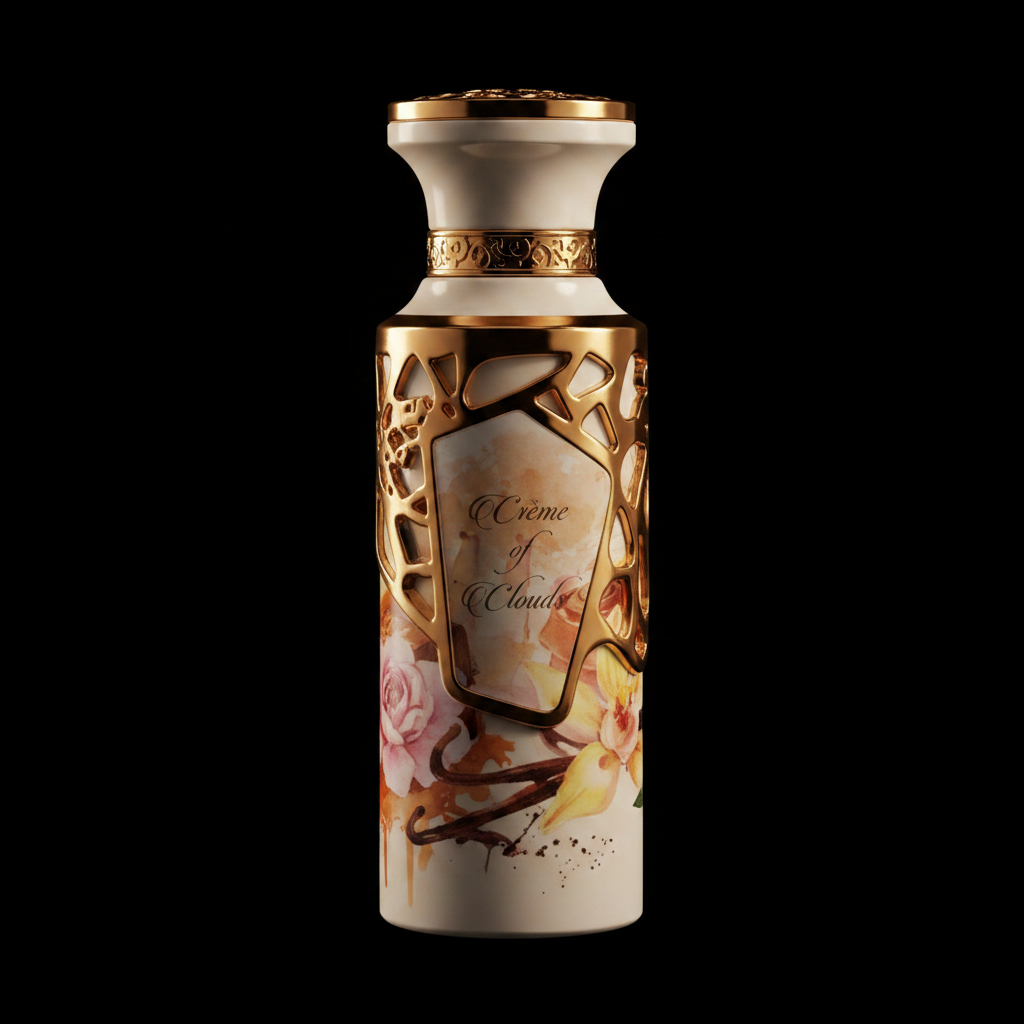Crème of Clouds Lattafa Eau de Parfum 100ml flacon blanc porcelaine bouchon doré illustration florale