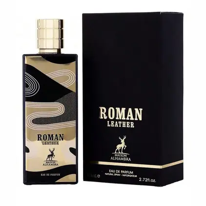 Maison Alhambra Roman Leather EDP 80ml – flacon noir motifs abstraits dorés bouchon doré coffret noir