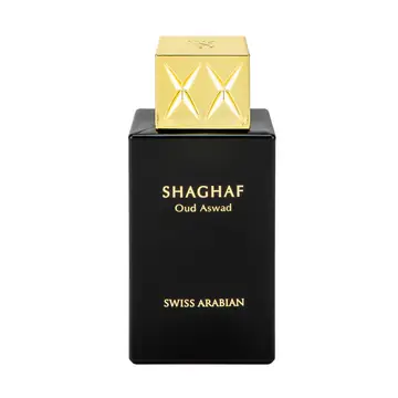 Swiss Arabian Shaghaf Oud Aswad Eau de Parfum – oud noir cuir ambre unisexe flacon carré noir bouchon doré matelassé