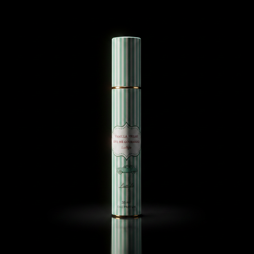 Vanilla Freak Lattafa Eau de Parfum 35ml flacon stylo vert menthe et blanc rayures vintage