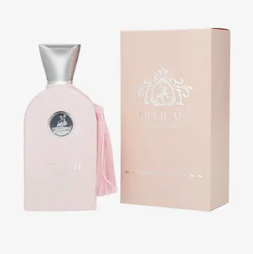 Maison Alhambra Délilah Pour Femme EDP 100ml – flacon rose poudré nacré pompon rose bouchon argenté coffret rose poudré