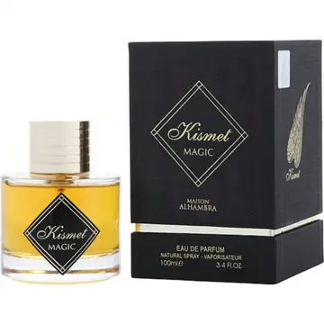 Maison Alhambra Kismet Magic EDP 100ml – flacon carré ambre doré étiquette losange noir or coffret noir mat plume argentée