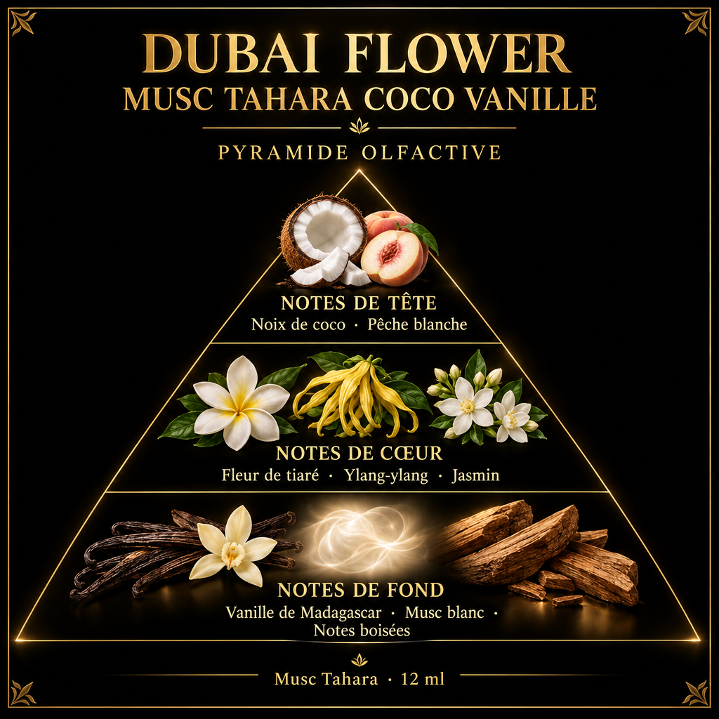 Pyramide olfactive de Dubai Flower Musc Tahara Coco Vanille – notes de tête, de cœur et de fond