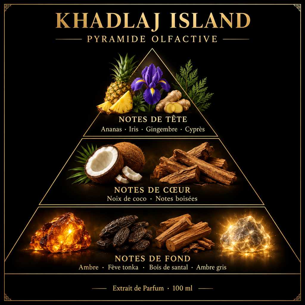 Pyramide olfactive de Khadlaj Island – notes de tête, de cœur et de fond