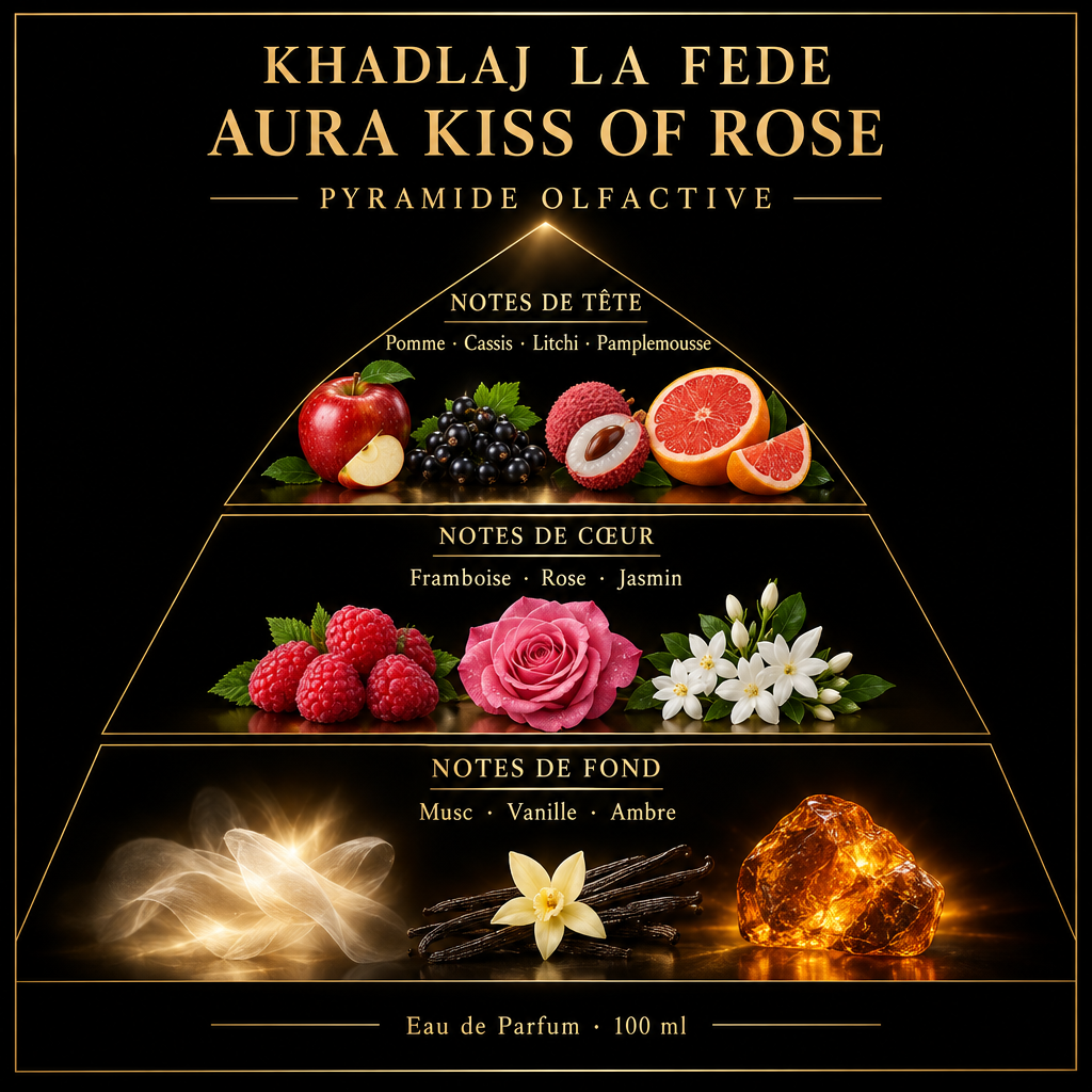 Pyramide olfactive de Khadlaj La Fede Aura Kiss of Rose – notes de tête, de cœur et de fond